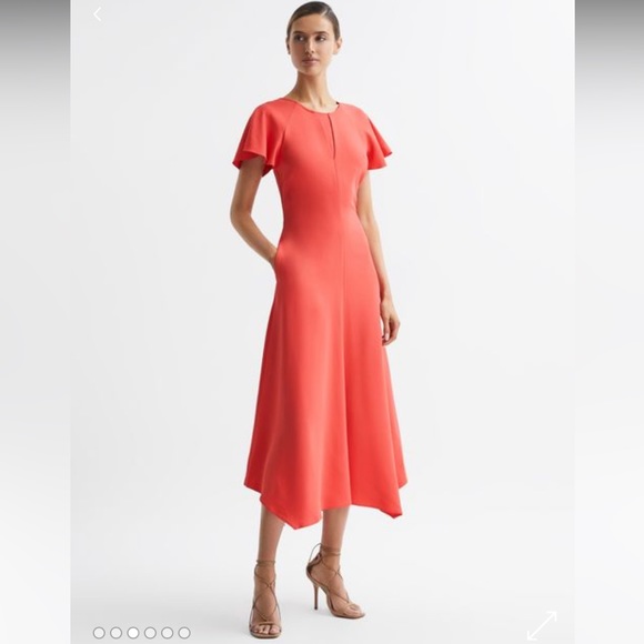 NWT Reiss Eleni Flutter Cap Sleeve strappy back Midi Maxi Coral fit flare dress - Picture 8 of 13